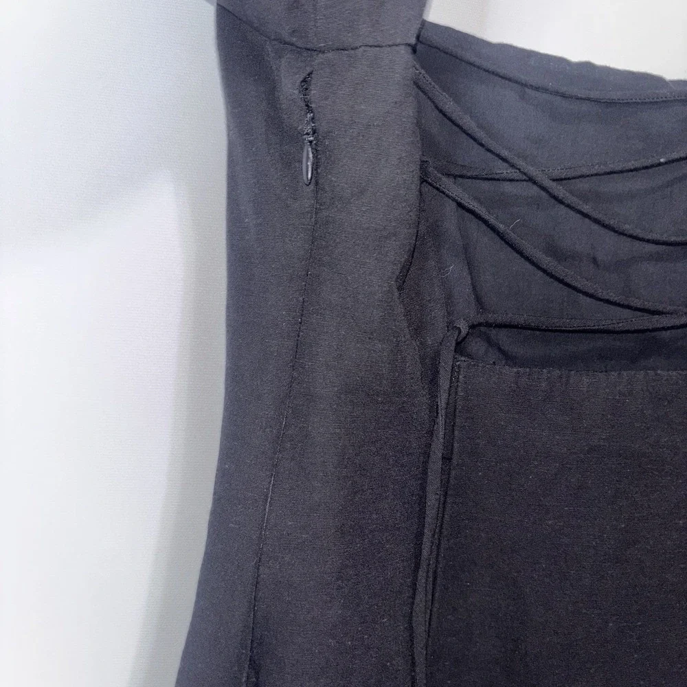 Zara Square Neck Puff Sleeve Lace Up Open Back Babydoll Mini Dress Black Medium